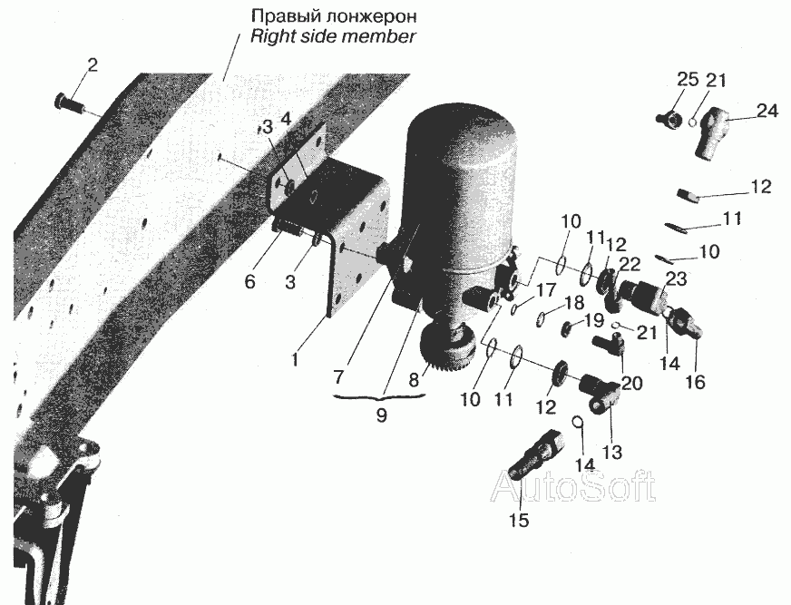 Схема Установка осушителя воздуха и присоединительной арматуры МАЗ-555102 » Управление рулевое для МАЗ-5432