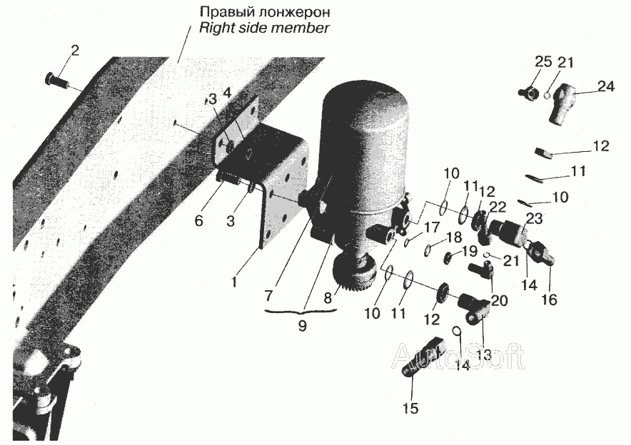 Схема Установка осушителя воздуха и присоединительной арматуры МАЗ-555102 » Управление рулевое для МАЗ-5516