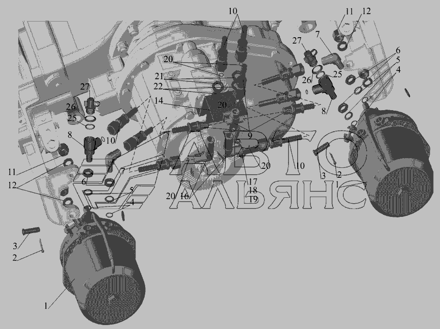 Схема Кріплення гальмівних камер 551605-3519003 (на середній міст) » Рульове управління для МАЗ-551605
