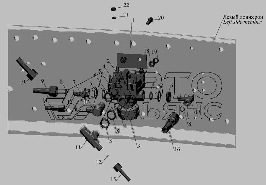 Схема Установка ускорительного клапана и присоединительной арматуры » Рулевое управление для МАЗ-551669