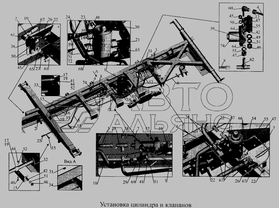 Схема Установка циліндра та клапана 551605-8603500-025 (-725) » Кабіна для МАЗ-5516А5