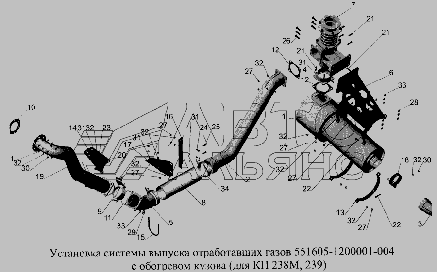 Схема Установка системи випуску газів, що відпрацювали 551605-1200001-004 з обігрівом кузова (для КП 238М, 239) » Двигун для МАЗ-5516А5