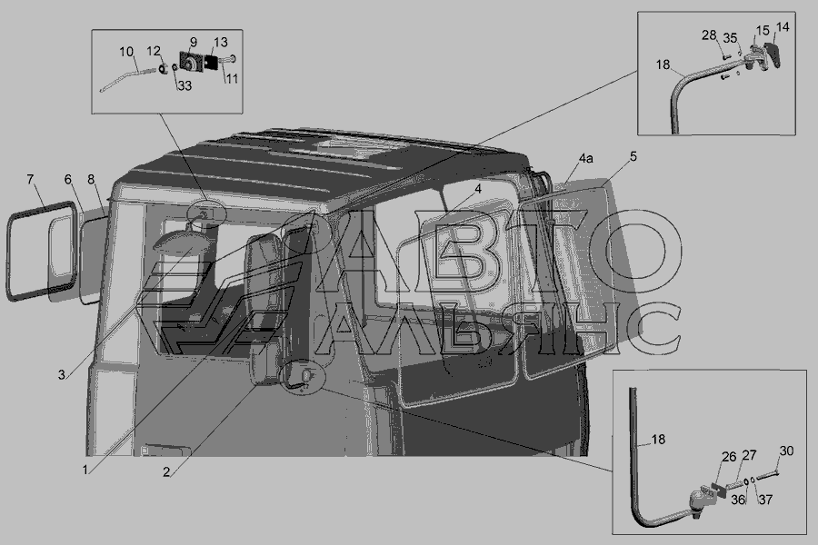Схема Встановлення скла та дзеркал на малу кабіну 543302-5000012 » Кабіна для МАЗ-555102, 5551А2