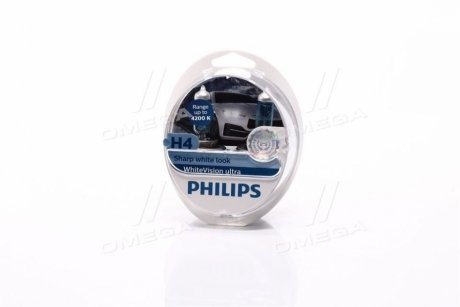 Лампа накаливания H4 12V 60/55W WhiteVision ULTRA +60 (4200K) (компл) Philips 12342WVUSM