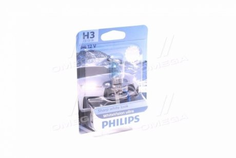 Лампа накаливания H3 WhiteVision ultra 12V 55W P14,5s (+60) (3900K) 1шт. blister Philips 12336WVUB1