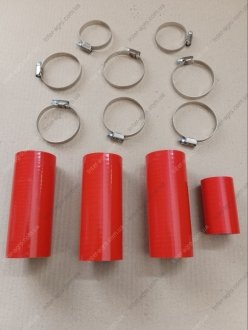 Патрубок радиатора ЮМЗ Д-65 (СИЛИКОН красный, к-кт 4шт) с хомутами DETALKA 36-1303010